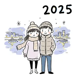 2025年クリスマスに夜景デートを楽しむカップルのかわいい無料イラスト