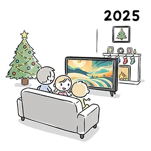 2025年クリスマスにリビングでテレビを見る家族の後ろ姿のかわいい無料イラスト