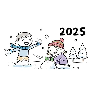 2025年冬に雪合戦をして遊ぶ男の子と女の子のかわいい無料イラスト