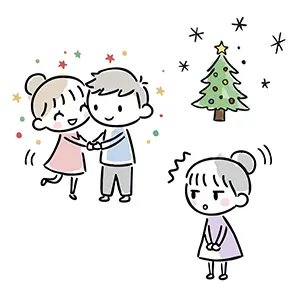クリスマスに踊るカップルを見て呆然とする女性のゆるい無料イラスト