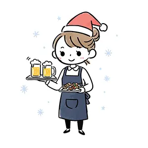 クリスマスにサンタ帽子で働く居酒屋店員の女性のかわいい無料イラスト