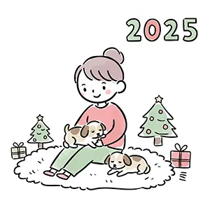 2025年のクリスマスに自宅で犬とくつろぐ女性のかわいい手書き風無料イラスト