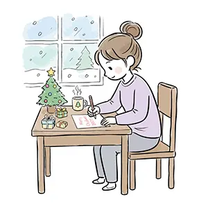 2025年クリスマスに机でカードを書く女性のおしゃれな手書き風無料イラスト