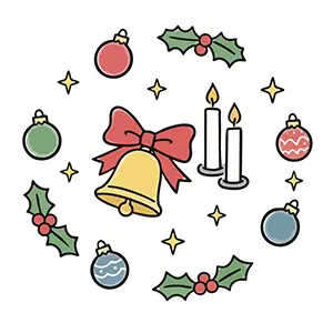 リボンのついたベル・ろうそく・ヒイラギ・オーナメントのクリスマス素材セット