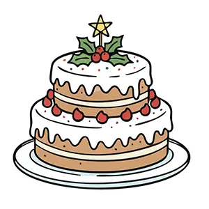 星とヒイラギが飾られた2段の白いクリスマスケーキのイラスト