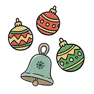 模様入りのカラフルなオーナメントボールとベルのイラストセット