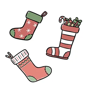 プレゼントが入った赤や縞模様のクリスマス靴下のイラストセット