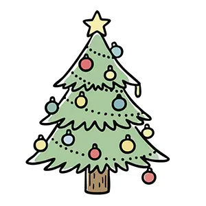 星とオーナメントが飾られた手書き風のクリスマスツリーのイラスト
