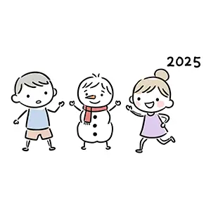2025年の冬、雪だるまと一緒に楽しそうに遊んでいる3人の子供たちの手書き風イラスト