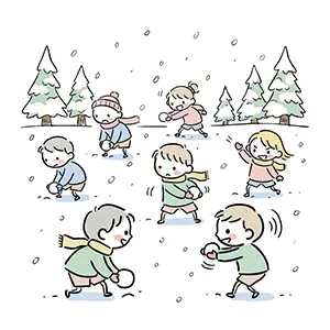雪の積もった公園で、楽しそうに雪合戦をしている7人の子供たちの手書き風イラスト