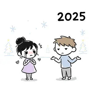 2025年の冬、雪の降る屋外で泣いている女性と困って肩をすくめる男性のカップルの手書き風イラスト