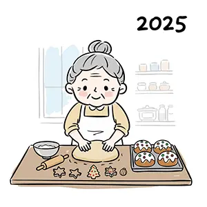 2025年、キッチンでクリスマス用のクッキーやケーキを作っている笑顔のおばあちゃんの手書き風イラスト