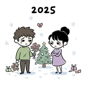 2025年のクリスマス、花束を渡そうとする男性と腕組みをして怒っている女性の手書き風イラスト