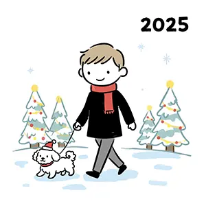 2025年の冬、サンタの帽子をかぶった白い犬を連れて雪道を散歩する男性の手書き風イラスト