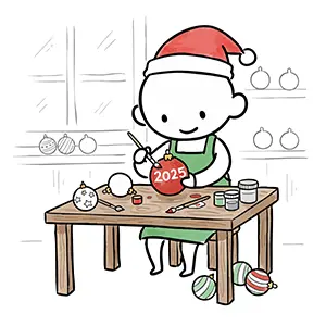 2025年と書かれたクリスマスオーナメントに筆で色付けをしている人の手書き風イラスト