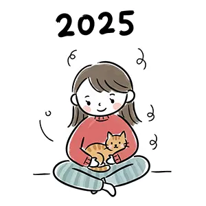 2025年、茶トラ猫を膝に乗せて笑顔で抱っこしている女性の手書き風イラスト