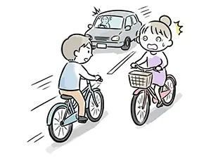 道路上で2台の自転車がぶつかりそうになり、後ろから来た車の運転手が驚いて急ブレーキをかけているイラスト