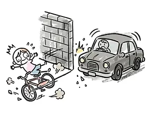 ブロック塀の死角から出てきた車に驚き、バランスを崩して壁にぶつかり転倒する自転車の男の子のイラスト