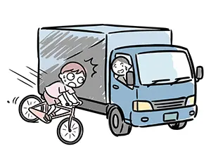 トラックの左側の死角から急に飛び出してきた自転車に驚くトラック運転手と、自転車の男の子のイラスト