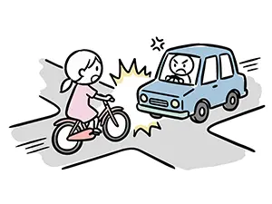 交差点から急に飛び出し、走ってきた青い車と衝突しそうになって驚く自転車の女の子のイラスト