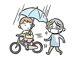 雨の日に傘差し運転をしている自転車の子供が、すれ違う歩行者の頭に傘をぶつけているイラスト