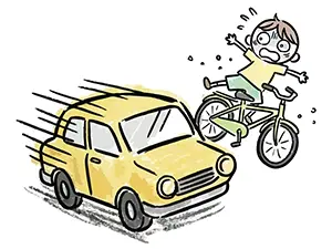 猛スピードの黄色い自動車に自転車がはねられ、男の子が空中に投げ出されている交通事故のイラスト