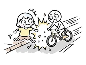 道路に急に飛び出した小さな子供に、猛スピードで走ってきた自転車がぶつかりそうになっているイラスト