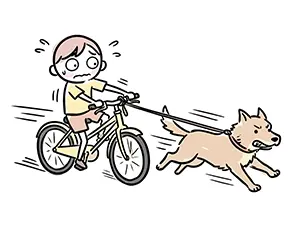 自転車に乗りながら犬の散歩をしている男の子が、猛ダッシュする犬にリードを引っ張られてパニックになっているイラスト