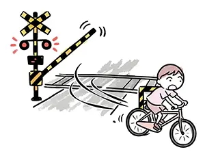 遮断機が下りている踏切を自転車で強行突破しようとしている男の子のイラスト