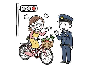 自転車に乗った女性が赤信号を無視して横断しようとし、警察官に制止されて怒っているイラスト