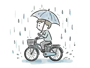 雨が降る中、傘を片手に持ちながら自転車を運転している男性のイラスト