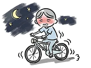 夜の暗い道を、ライトを点灯せずに自転車で走行し、冷や汗をかいている男性のイラスト