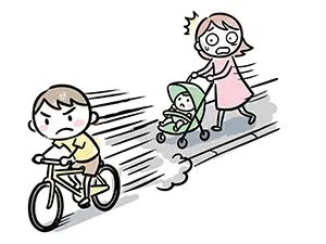 ベビーカーを押す女性のすぐ横を、自転車が猛スピードで通り過ぎ、女性が驚いているイラスト