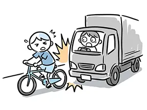 大きなトラックの直前を走る自転車の男の子に、トラックが追突しそうになっている危険なイラスト