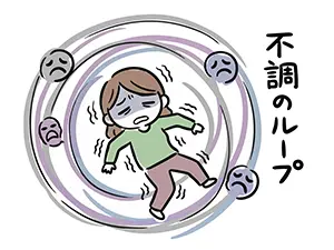 不調のループに陥り、渦の中で苦しむ女性のイラスト
