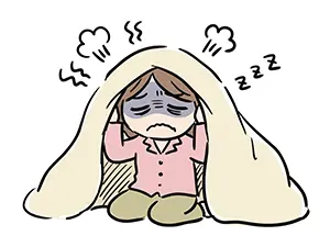 頭から布団を被り、顔を青くして起き上がれない・塞ぎ込んでいる女性のイラスト