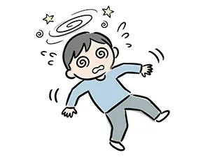 目がぐるぐると回り、めまいや立ちくらみでふらついて倒れそうな男性のイラスト