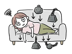 重りや鎖に押さえつけられ、体が重くてソファから動けない女性のイラスト
