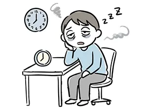 目の下にクマを作り、机でため息をつく睡眠不足の男性のイラスト