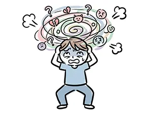 頭の中に様々な感情や悩みが渦巻き、パニックになって頭を抱える男性のイラスト