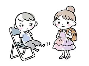パイプ椅子で退屈そうにする男の子とランドセルを背負って笑顔の女の子のイラスト