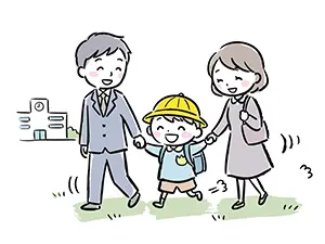 ランドセルを背負い両親と手をつないで入学式に向かう男の子のイラスト