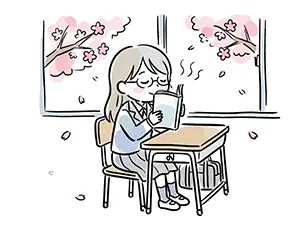 桜が見える教室の席で静かに本を読む女子学生のイラスト