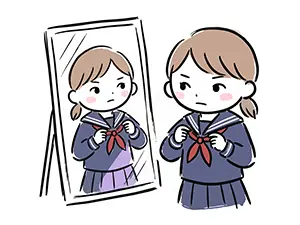 鏡の前でセーラー服のリボンを結んで身支度をする女子学生のイラスト