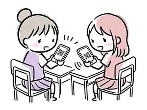 教室の机で向かい合いスマートフォンのQRコードで連絡先を交換する女子学生のイラスト