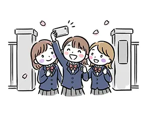 桜が舞う校門の前でスマートフォンを使って自撮りをする3人の女子学生のイラスト