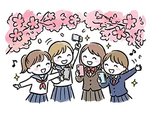 桜の木の下でスマホを使って自撮りをする4人の女子学生のイラスト