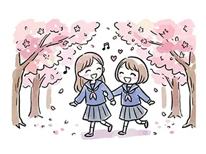 桜並木の下を腕を組んで楽しそうに歌いながら歩くセーラー服の女子学生のイラスト