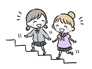楽しそうに会話をしながら学校の階段を上る二人の女子学生のイラスト