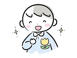 チューリップの名札をつけて目を輝かせて喜んでいる園服姿の男の子のイラスト